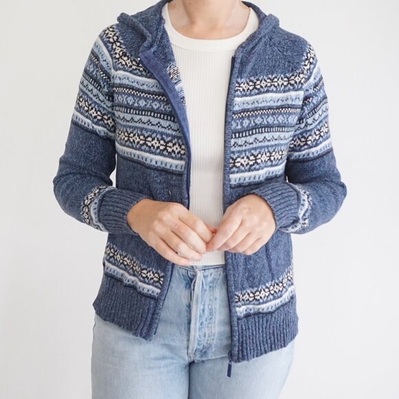 Vintage Jenny Buchanan Blue White Fair Isle Knit Hooded Zip Sweater Cabincore M - Picture 2 of 9